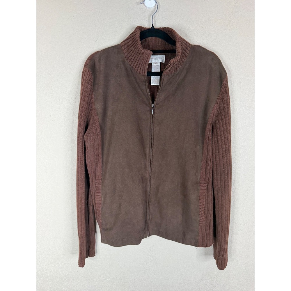 Jones New York‎ Y2K Brown Faux Suede Mixed Media Ribbed Zip Cardigan VTG Large